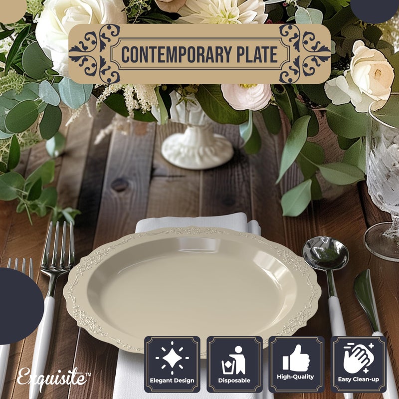 Exquisite Victorian 60-Piece Plastic Disposable Dinnerware Set - 60 x 7.5 inch Cream Plates for Party of 60 Guests - Image 3